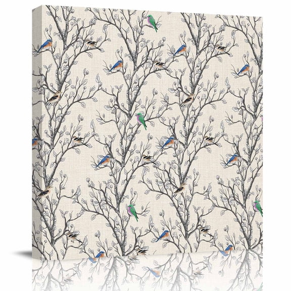Retro Framed Canvas Wall Art, Nature Tree Branches Texture Colored Birds Rustic Linen Wall Art Painting for Living Room Bedroom Home Decor, 8”x8”, Office Artwork Print