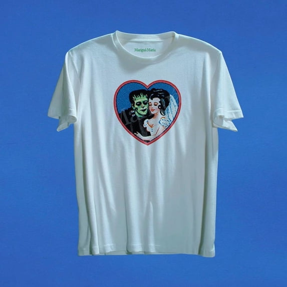 Retro Frankenstein Monster Couple Heart Graphic Tee, Vintage Horror T-shirt
