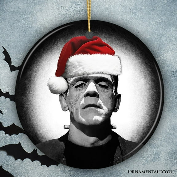 Retro Frankenstein with Santa Hat Ceramic Ornament, Creepy Holiday Gift And Decor