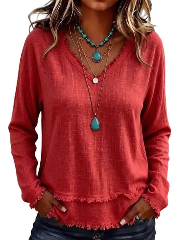 Retro Frayed V-Neck Long Sleeve Blouse for Women, Loose Fit Casual Tunic Top with Double Layered Hem, Fall Winter Outfit