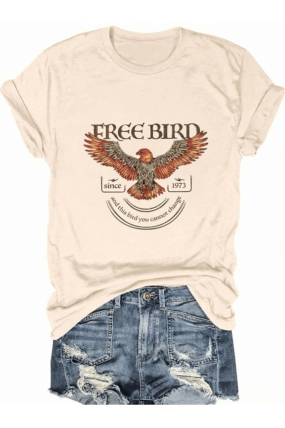 Retro Free Bird Eagle Tshirts Shirts for Women, Graphic Tee(Beige,L)
