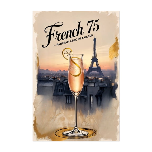 Retro French 75 Drink Art: Timeless French Sophistication - Paris Île-de-France France Illustration Cocktail Cityscape Travel Poster Vintage Typography Unframed Wall Art Print 4 x 6 inches
