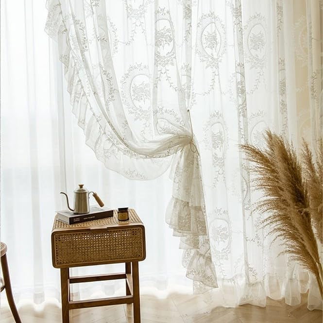 Retro French Princess Style Floral Embroidery Sheer Lace Curtain with Ruffle for Bedroom Living Room Rod Pocket Top 2 Panels (White,W79 x L102 inch - 2 Panels)
