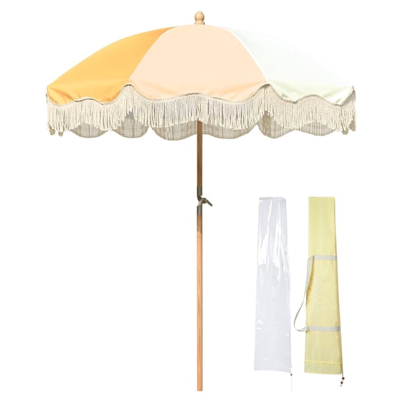Vintage Wooden Pole Fringe Umbrella with Carry Bag Cover for Patio Garden Yard Wedding Bistro Table, Yellow