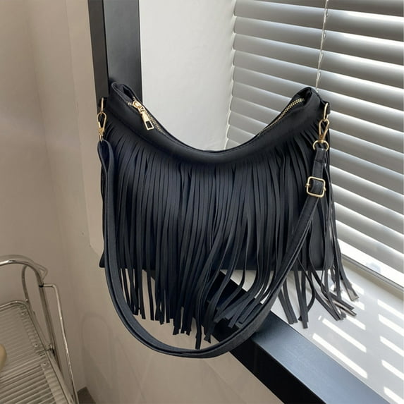 Retro Fringe Shoulder Bag for Women-Nylon & Spandex Purse,30x28.5x25cm Tassel Handbag in Black/Brown/Gray-Casual Fashion Tote with Stylish Fringes