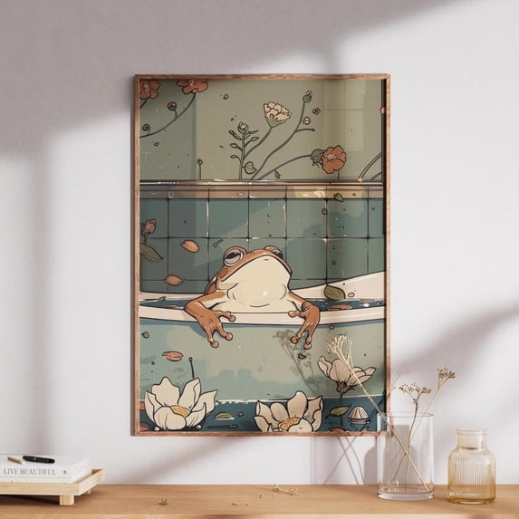 Retro Frog Bathtub Art, Vintage Style Bathroom Print, Colorful Frog In Tub Wall Decoration, Unique Home Decor, Bathroom, UNFRAMED