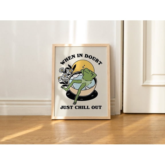 Retro Frog Chill Quote Vintage Frog Retro Flowers Positivity Bathroom Art, Unframed Canvas Size 24x36