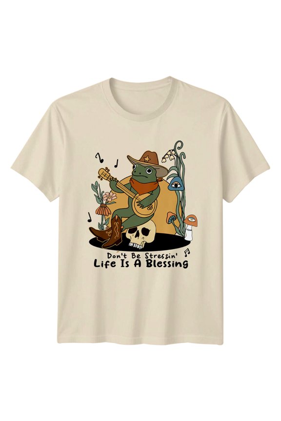 Retro Frog Cowboy Banjo "Don'T Be Stressin' Life Is A Blessing" T-Shirt All Size S-5XL
