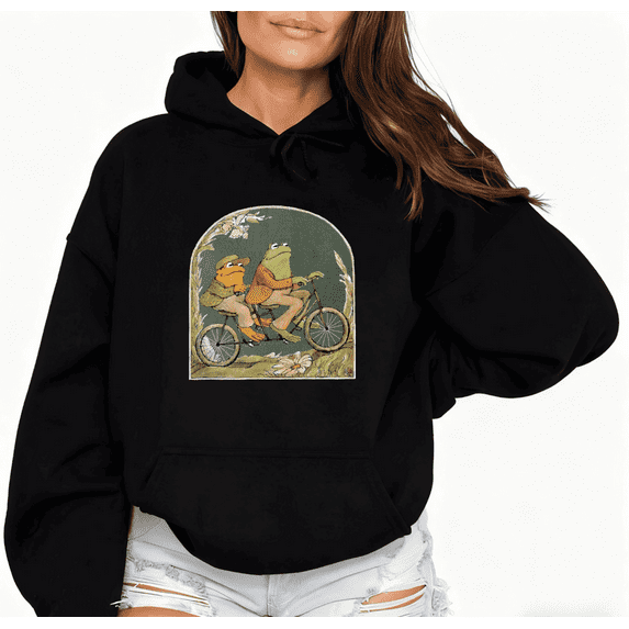 Retro Frog Cycling Duo Vintage Art Graphic Casual Tee T-Shirt Print Top Hooded long-sleeved Black S-2XL