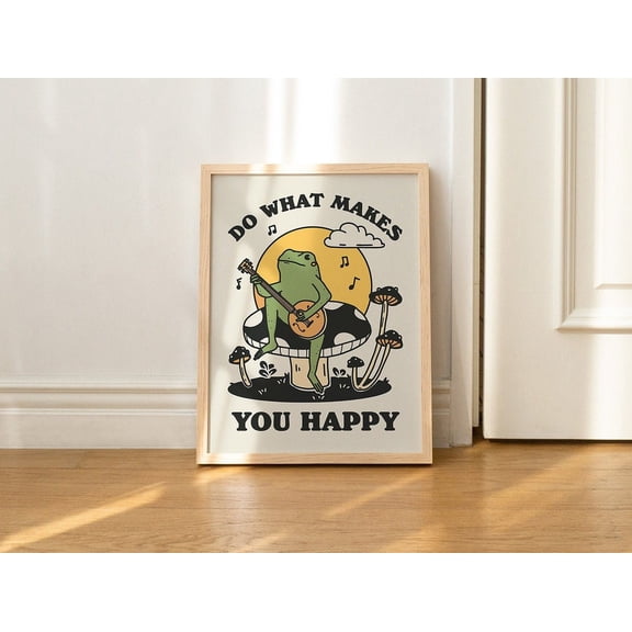 Retro Frog Love Quote Vintage Banjo Frog Mushroom Illustration Selfcare Art, Unframed Paper Print Size 8x12