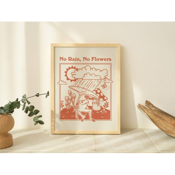 Retro Frog Minimal Print, No Rain No Flowers Quote, Burnt Orange Print, Wall Decor, Trendy Art Printable,Painting Art, Dining Room Wall Decor Ideas, Art Deco Frameless 8x10inch