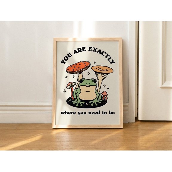Retro Frog Positive Quote Vintage Frog Mushroom Illustration Cute Froggy Art, Stretched Canvas Size 16x24