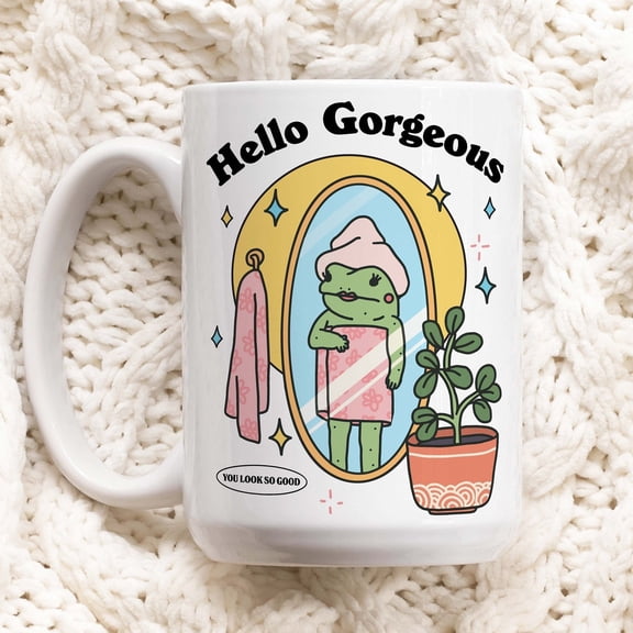 Retro Frog Self Love Coffee Mug, Hello Gorgeous Girly Mug, Coffee Lover Gift Idea, 80s Retro Quote, Frog Lover Gift Mug, Aesthetic Cup