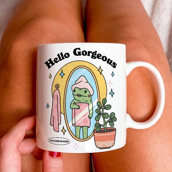 Retro Frog Self Love Coffee Mug, Hello Gorgeous Girly Mug, Coffee Lover Gift Idea, 80s Retro Quote, Frog Lover Gift Mug, Aesthetic Cup