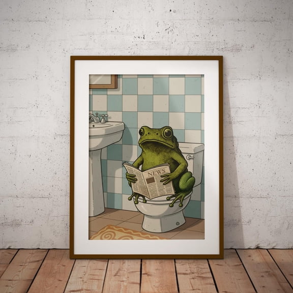 Retro Frog Toilet Art Funky Bathroom Decor Quirky Washroom Print, Unframed Paper Print