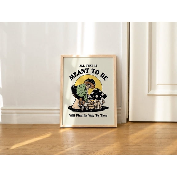 Retro Frog Vintage Mushroom Illustration Trendy 70s Colorful Dorm Decor, Stretched Canvas Size 8x12