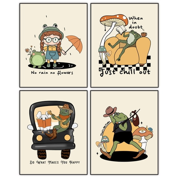 Retro Frog Wall Art, Vintage Groovy Prints, Frog mushroom Wall Print, Bedroom Living Room Wall Decor, Retro Posters, Positive Quote Art Print Set of 4 (Unframed 8"x10")