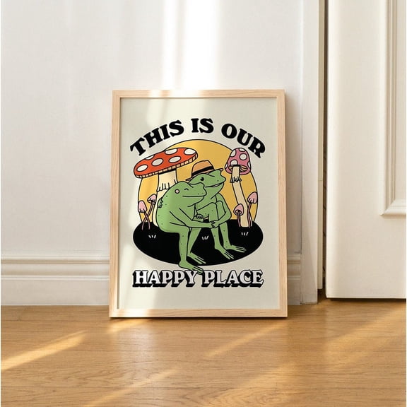 Retro Frog Wall Decor Romantic Mushroom Happy Place Quote Cozy Home Art, Stretched Canvas Size 16x24