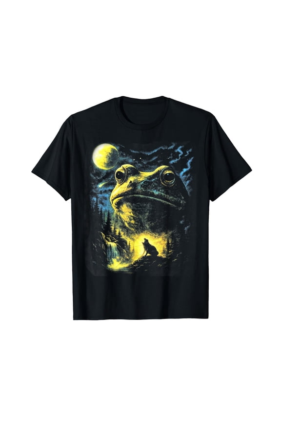 Retro Frog and Wolf Nature Scene, Full Moon Forest Lover Tee T-Shirt