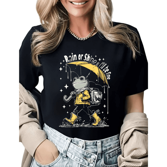 Retro Frog with Yellow Umbrella Graphic Tees Womens T shirt Black/White S-5XL Shirts Casual Daily Tops