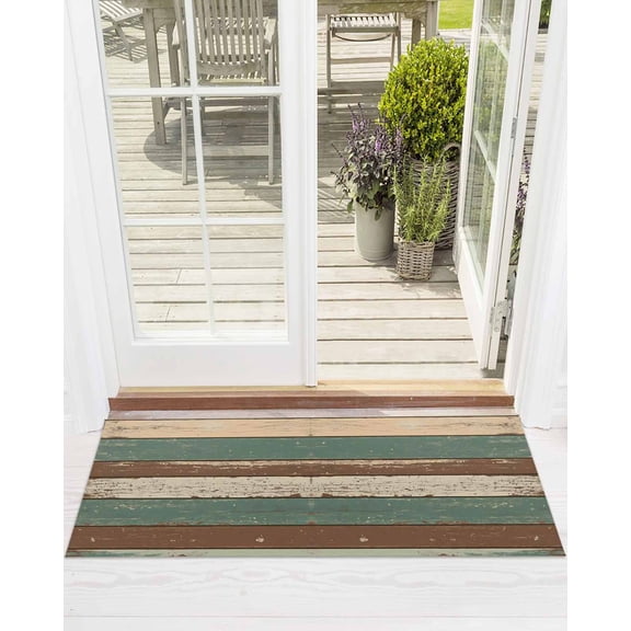 Retro Front Door Mat Brown Green Striped Antique Wood Background Welcome Doormat Indoor Outdoor Entrance Floor Mat Non-Slip Washable Runner Rug for Front Porch Decor 24x71 Inch