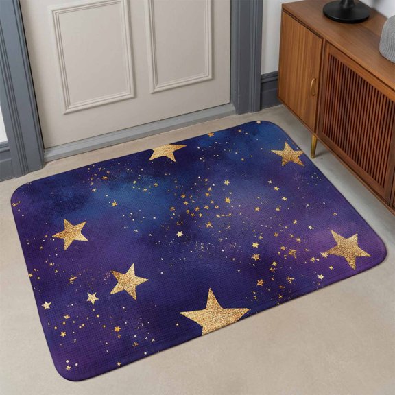 Retro Front Door Mat Indoor Entrance, Dream Gold Star Universe Space Starry Sky Farmhouse Absorbent Dirt Resist Welcome Mats Non-Slip Low-Profile Doormat Washable Entry Rug Indoor Outdoor 17x30 Inch