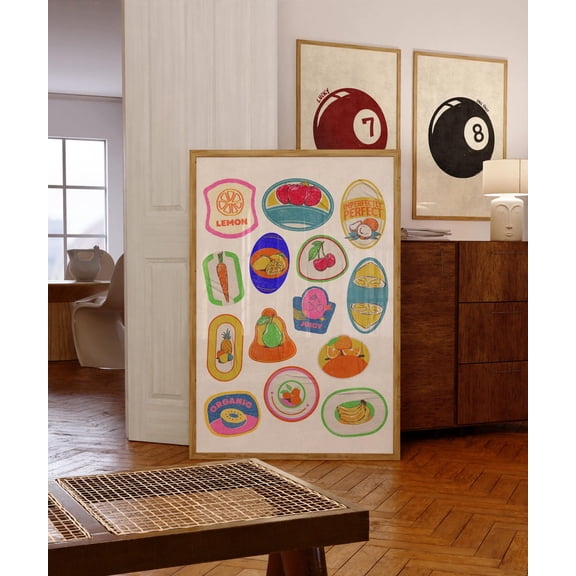 Retro Fruit Sticker Collage Print: Colorful Kitchen Wall Art ( Unframed Paper Print