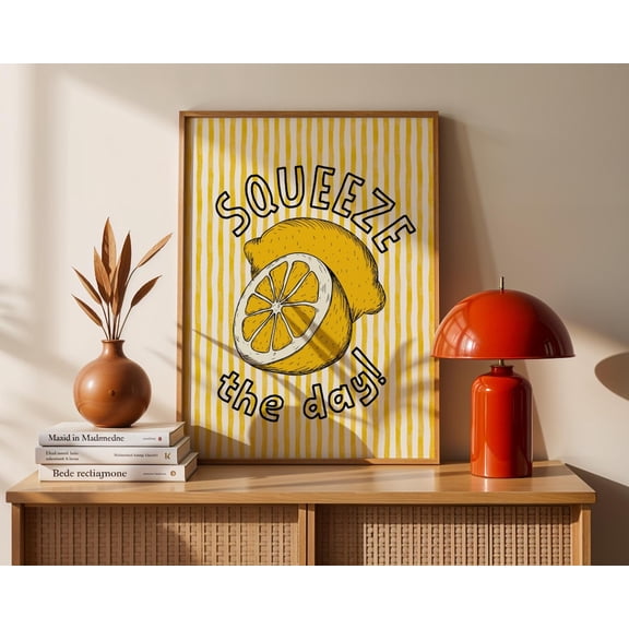 Retro Fruit Wall Art Lemon Kitchen Squeeze the Day Decor Daily Reminder Motivational Print Positive Quote ., Unframed Paper Poster 8x10in