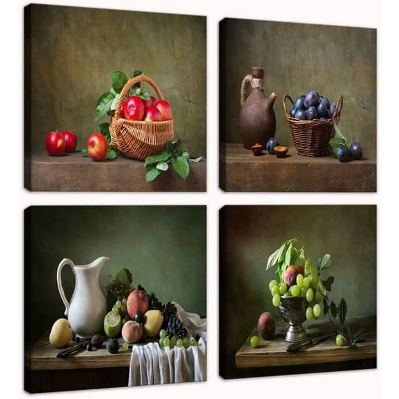Retro Fruit Wall Art Still Life Oil Paintings Apple Grapes Canvas Wall Decor Vintage Farmhouse Rustic Pictures for Kitchen Dinning Room Framed Prints Ready to Hang(12''''W x 12''''H x 4)