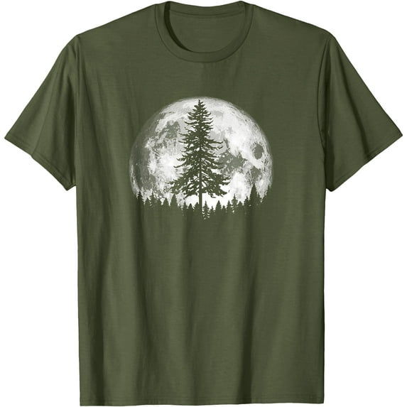 Retro Full Moon & Minimalist Pine Tree Vintage Graphic Unisex T-Shirt for Men Women Kids Toddler,Military Green Color,Size XL