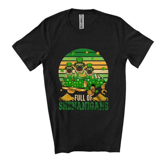 Retro Full Of Shenanigans; Joyful St. Patrick's Day Three Pug Truck Unisex T-Shirt