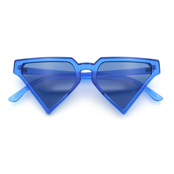 Retro Fun Flat Top High Temple Triangle Thin Plastic Horn Rim Sunglasses All Blue