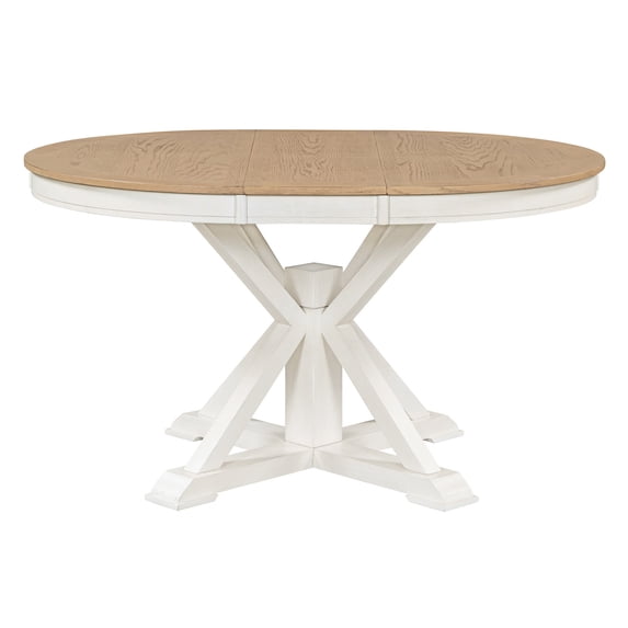 Retro Functional Extendable Dining Table with a 12" Leaf, Round Dining Table for Dining Room and Living Room (Oak Natural Wood + Off White)