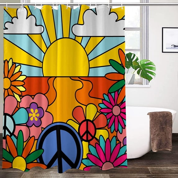 Retro Funky Peace Vintage Hippie Floral Shower Curtain Sunshine Washable Waterproof Fabric Bath Curtains Set for Bathroom Decor Art with 12 Hooks - 72x72 Inch