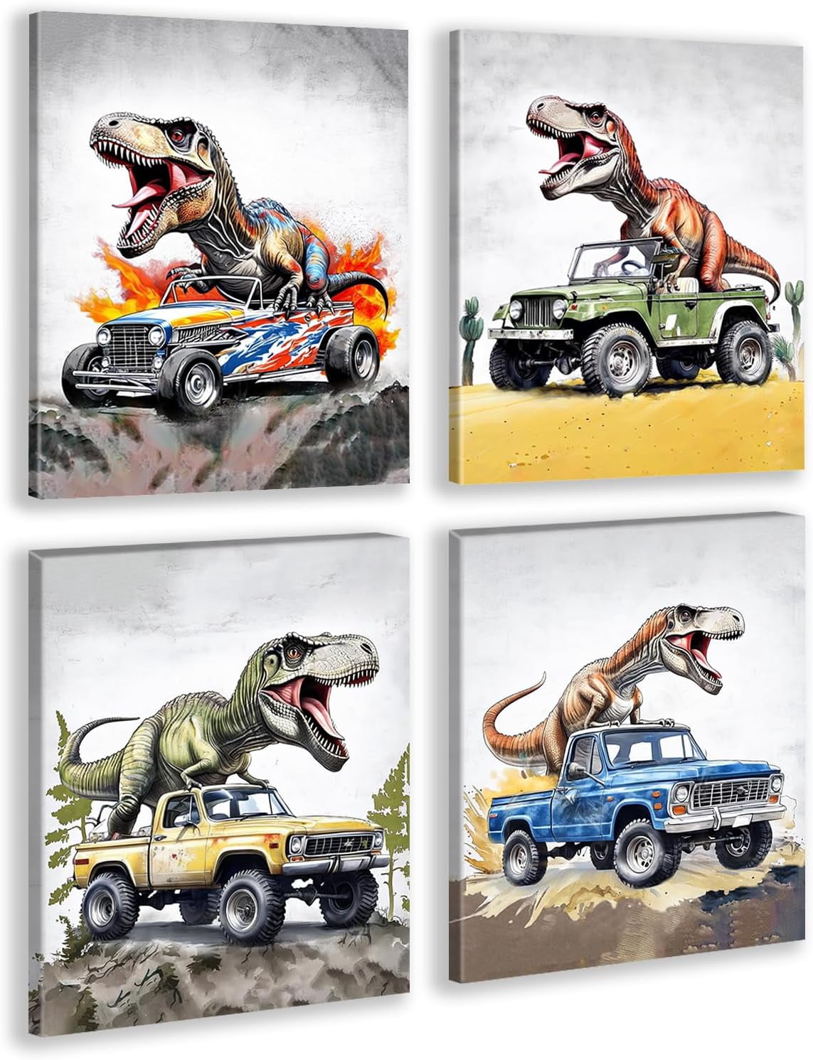 Retro Funny Car Canvas Wall Decoration Watercolor Dinosaur Car Speeding Canvas Poster Suitable for Boys Kindergarten Childrens Playroom 4 Sheets Per Set 8x10 Inches Unframed