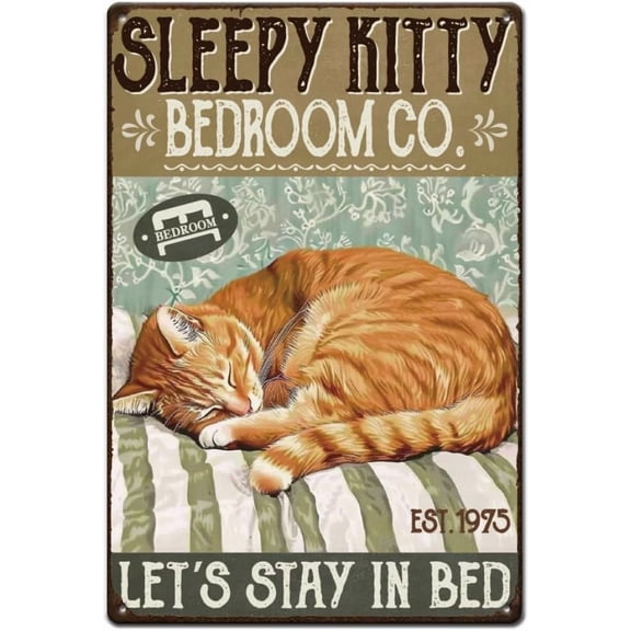 Retro Funny Cat Metal Tin Signs Vintage Kitty Tin Signs Wall Art Decor for Home Bar Cafe Garage Hotel Diner Gym Man Cave Sleeping Cat Metal Plaque 8 * 12inch Let's Stay In Bed Colorful for diy making