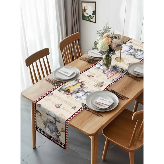 Retro Funny Chef Gnome Cake Table Runner 13x70in Non-Slip Cotton Linen Table Runners, Black Red Checkered Plaid Dresser Scarves TableRunner for Dinner Kitchen Dining Wedding Party