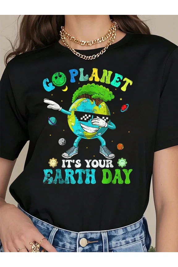 Retro Funny Dabbing Earth Day Graphic Tee - Go Planet Environmental Awareness Short Sleeve T-Shirt for Men and Women - Cute Eco-Friendly Nature Lover Apparel