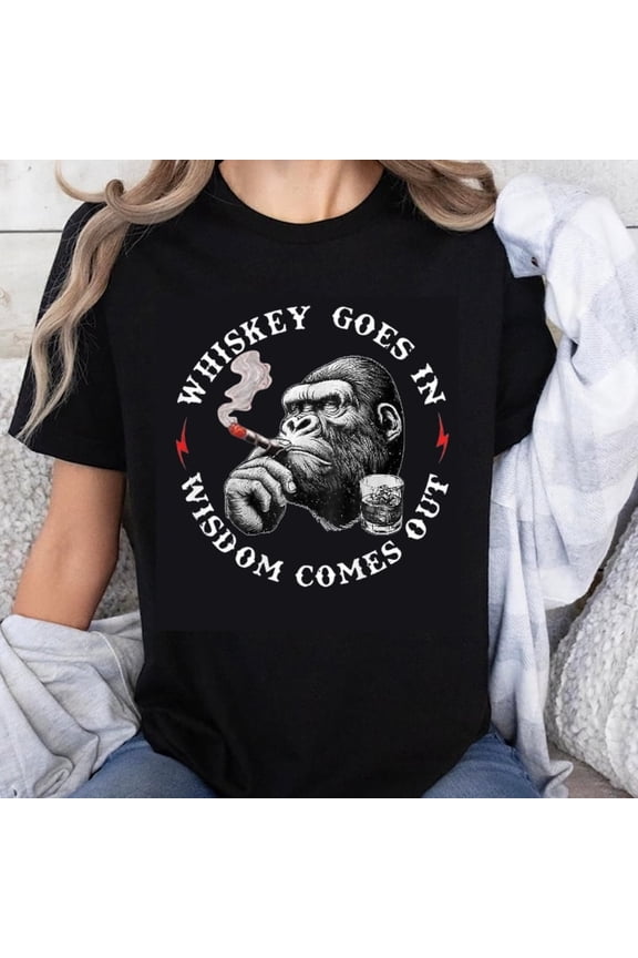 Retro Funny Gorilla Smoking Cigar Whiskey Wisdom Graphic T-Shirt Men's Vintage Style Cotton Tee