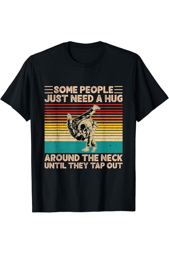 Retro Funny Martial Arts T-Shirt Sarcastic Jiu Jitsu BJJ Grappling Tee Vintage Sunset Some People Just Need A Hug Around The Neck Until They Tap Out Graphic Apparel for Men and Women