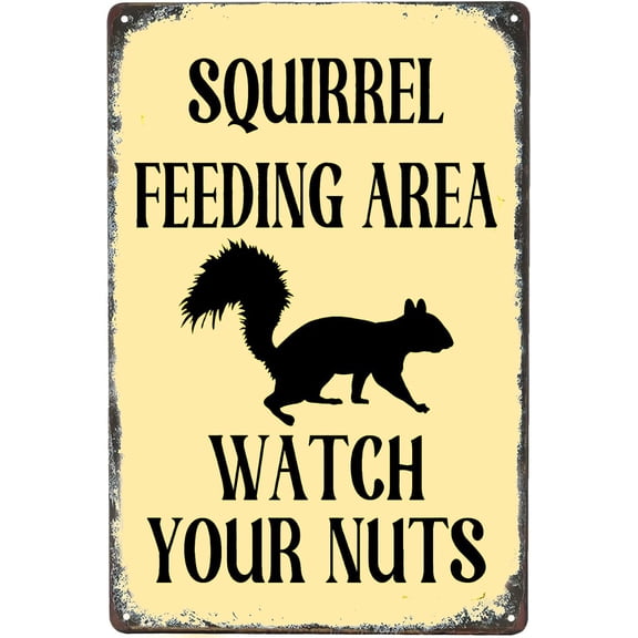 Retro Funny Metal Sign Squirrel Feeding Area Watch Your Nuts Vintage Wall Plaques Squirrel Crossing Signs For Home Zoo Garage Store Cafe Club Bar 8x12 Inch