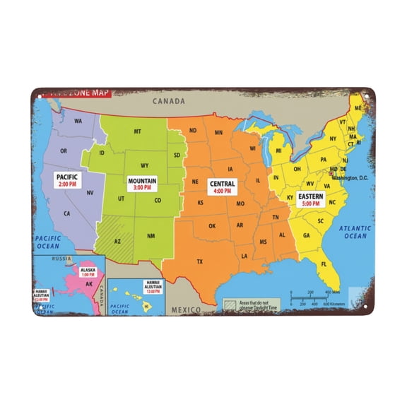Retro Funny Metal Tin Sign, USA Time Zone Map Wall Decor, 8 x 12 Inch, Indoor Outdoor Metal Sign