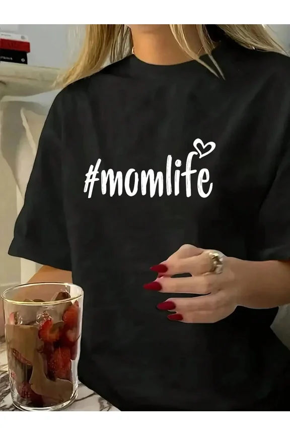 Retro Funny Momlife Hashtag Women T-Shirt Cute Mother Heart Graphic Casual Black Top
