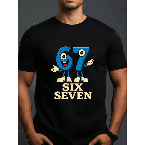 Retro Funny Number 67 Cartoon Character Graphic Tee Cute Six Seven Men's Black Cotton T-Shirt Unique Animated Design Top