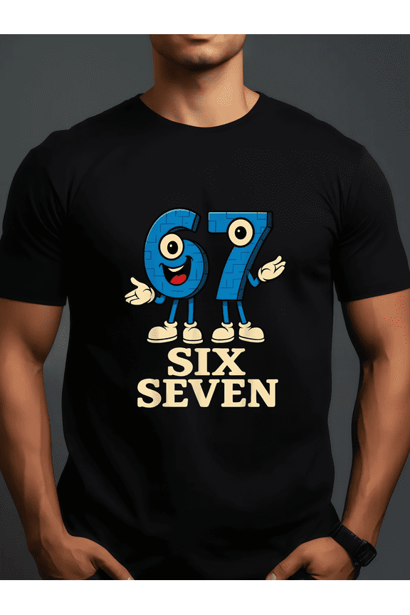 Retro Funny Number 67 Cartoon Character Graphic Tee Cute Six Seven Men's Black Cotton T-Shirt Unique Animated Design Top