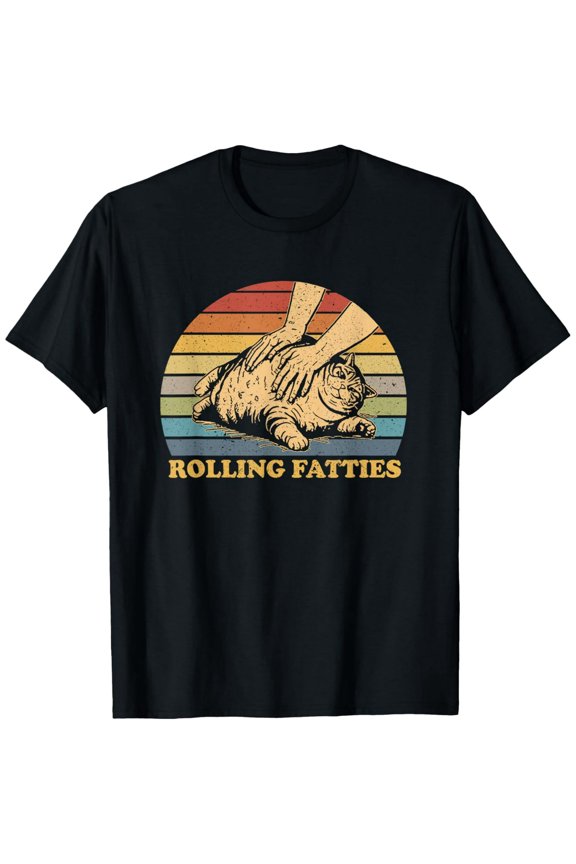 Retro Funny Rolling Fatties Chonky Cat Massage Vintage Sunset Graphic Tee, Cute Fat Kitty Humor T-Shirt for Men and Women