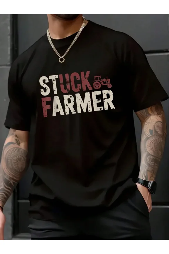 Retro Funny Stuck Farmer Tractor Graphic Men's T-Shirt Vintage Agriculture Humor Short Sleeve Cotton Tee