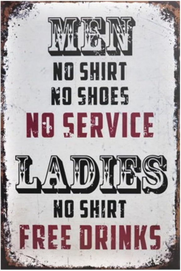 Retro Funny Tin Sign Metal Poster Vintage Wall Decor, Men No Shirt No Service, for Pub Restaurants Cafe Club Plaque Man Cave Wall 8x12 Inch