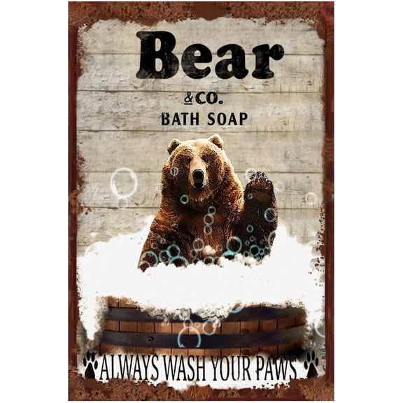 Retro Funny Washroom Tin Sign Toilet Metal Poster, Bear Bath Soap Wash your Paws, Humor Wall Art Decor Cute Gifts for Home Bar Restroom Man Cave Plaque 8x12 Inch