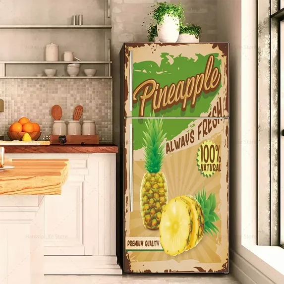 Retro Furit Fridge Door Sticker Waterproof PVC Lemon Banana Refrigerator Wallpaper Cover Mural Stickers Removable Fridge Decal